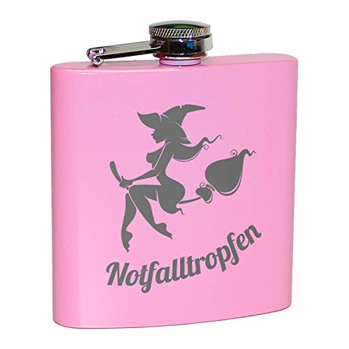 Pixelstudio Notfalltropfen Flachmann in Pink für Frauen | Lustiges Geschenk für Feiern, Partys, JGA, zum Wandern, Skifahren, Bergsteigen etc. | Alkohol Flasche mit Hexe auf Besen, Rosa von Pixelstudio