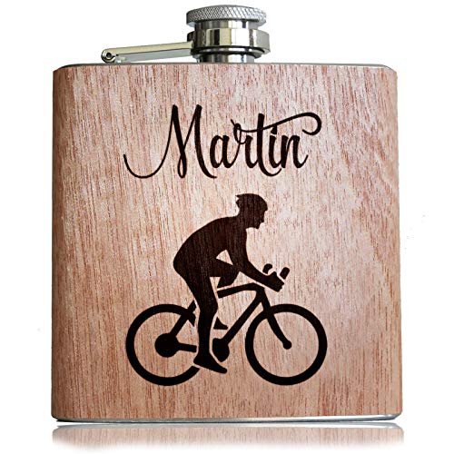 Pixelstudio Radfahrer Holz Flachmann mit persönlicher Namens Gravur | Geschenk für Rad Fans, Mountainbiker und Rad Sportler von Pixelstudio