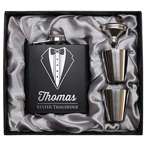 Pixelstudio Trauzeugen Geschenk Flachmann Set mit persönlicher Gravur Alkohol Geschenkidee für Mann von Pixelstudio