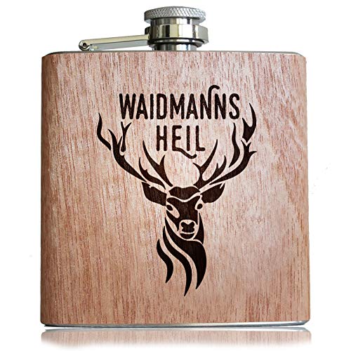 Pixelstudio Waidmannsheil Holz Flachmann Geschenk Jäger Jägerin mit Gravur Geschenkidee Jagd & jagen mit Hirsch Geweih & Spruch von Pixelstudio