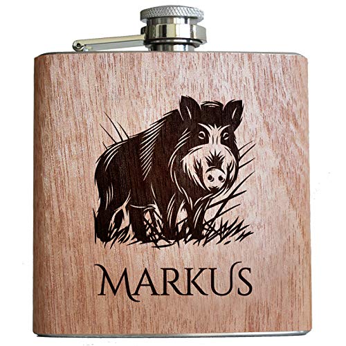 Pixelstudio Wildschwein Holz Flachmann mit persönlicher Namens Gravur | Geschenk Jäger Jägerin Waidmannsheil Wild Sau Keiler Jagd von Pixelstudio