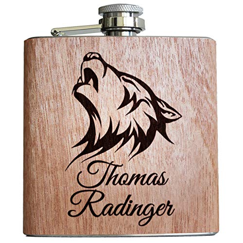 Pixelstudio Wolf Holz Flachmann mit Gravur personalisiert mit Name Geschenk Jäger Männer von Pixelstudio