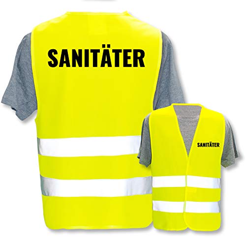 Bedruckte Marken-Warnwesten mit Leuchtstreifen * Standard- o. Reflex-Druck * Einsatzkräfte, Warnweste Begriffe Einsatzkräfte:Sanitäter, Farbe + Größe:Gelb (3XL/4XL) von PixiPrints.com