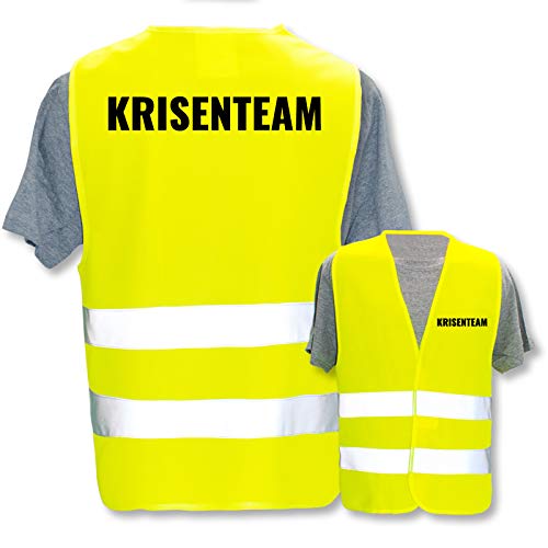 Bedruckte Warnwesten mit ISO-Leuchtstreifen * Standard- oder Reflex-Druck * Erste Hilfe und Brandschutz, Begriff:Krisenteam, Farbe + Größe:Gelb (M/L) von PixiPrints.com