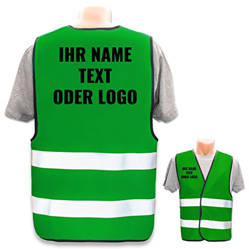 Hochwertige Warnweste direkt selber gestalten * eigener Aufdruck mit Text Logos Grafiken Designs, Position & Druckart:Rücken + Front/Premium-Druck, Farbe & Größe:Grün/Größe XL/XXL von PixiPrints.com