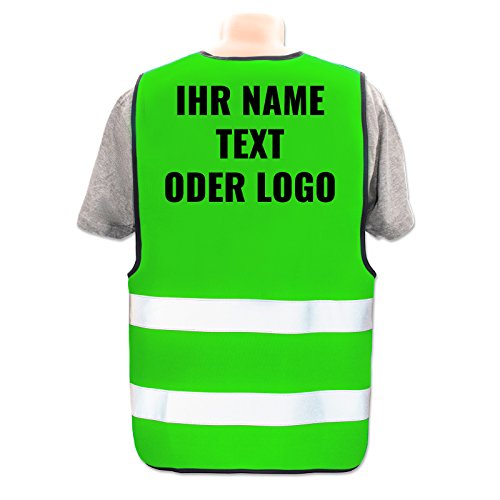 Hochwertige Warnweste direkt selber gestalten * eigener Aufdruck mit Text Logos Grafiken Designs, Position & Druckart:Rücken + Front/Standard-Druck, Farbe & Größe:Neon Grün/Größe M/L von PixiPrints.com