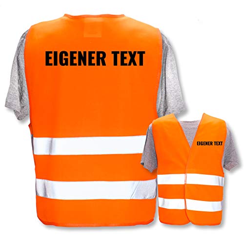 Hochwertige Warnweste mit Leuchtstreifen * Bedruckt mit: Eigener Text * Farbe + Größe: Orange (3XL/4XL) * Thema Sicherheit und Team * Farbiger oder Reflektierender Druck von PixiPrints.com