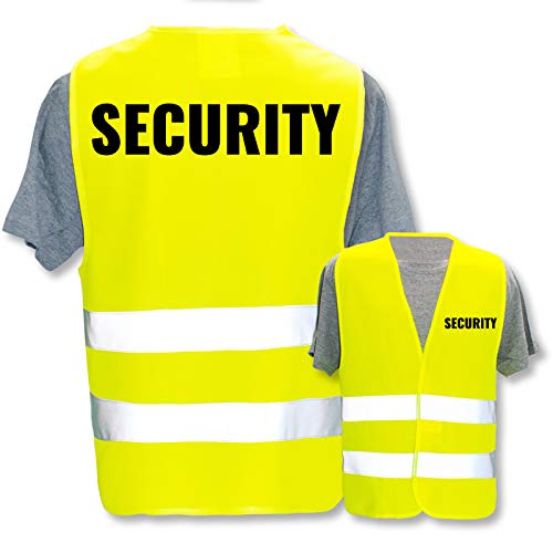 Hochwertige Warnweste mit Leuchtstreifen * Bedruckt mit: Security * Farbe + Größe: Gelb (3XL/4XL) * Thema Sicherheit und Team * Farbiger oder Reflektierender Druck von PixiPrints.com