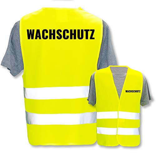 Hochwertige Warnweste mit Leuchtstreifen * Bedruckt mit: Wachschutz * Farbe + Größe: Gelb (3XL/4XL) * Thema Sicherheit und Team * Farbiger oder Reflektierender Druck von PixiPrints.com