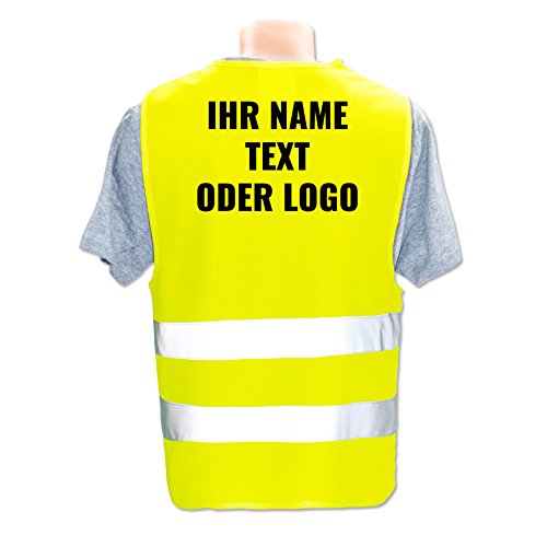 Warnweste selbst gestalten mit eigenem Aufdruck * Bedruckt mit Name Text Bild Logo Firma, Farbe & Größe:Gelb/Größe S (Kinder), Position & Druckart:Rücken/Standard-Druck von PixiPrints.com