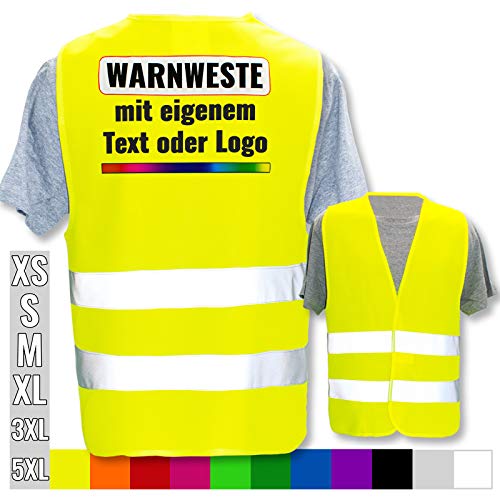 Warnweste selbst gestalten mit eigenem Aufdruck * Bedruckt mit Name Text Bild Logo Firma, Farbe & Größe:Gelb/Größe XL/XXL, Position & Druckart:Rücken/Premium-Druck von PixiPrints.com