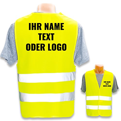 Warnweste selbst gestalten mit eigenem Aufdruck * Bedruckt mit Name Text Bild Logo Firma, Farbe & Größe:Gelb/Größe XL/XXL, Position & Druckart:Rücken + Front/Standard-Druck von PixiPrints.com