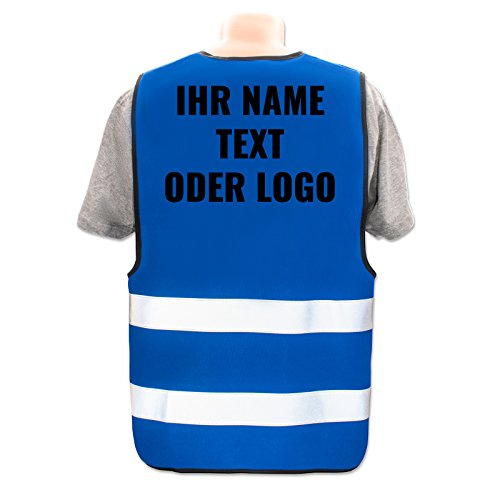 Warnweste selbst gestalten mit eigenem Aufdruck * Bedruckt mit Name Text Bild Logo Firma, Position & Druckart:Rücken/Premium-Druck, Farbe & Größe:Blau/Größe 3XL/4XL von PixiPrints.com