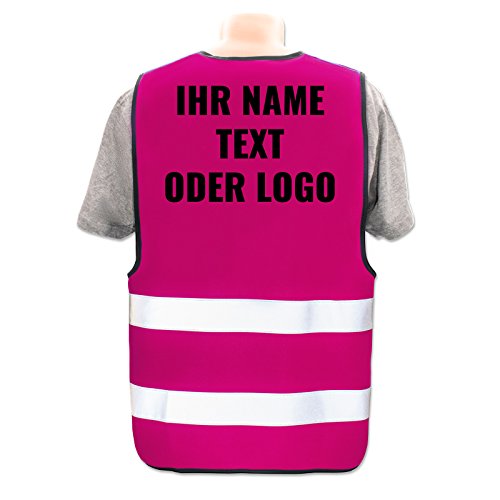 Warnweste selbst gestalten mit eigenem Aufdruck * Bedruckt mit Name Text Bild Logo Firma, Position & Druckart:Rücken/Premium-Druck, Farbe & Größe:Pink/Größe 3XL/4XL von PixiPrints.com