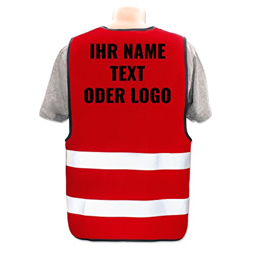 Warnweste selbst gestalten mit eigenem Aufdruck * Bedruckt mit Name Text Bild Logo Firma, Position & Druckart:Rücken/Premium-Druck, Farbe & Größe:Rot/Größe 3XL/4XL von PixiPrints.com