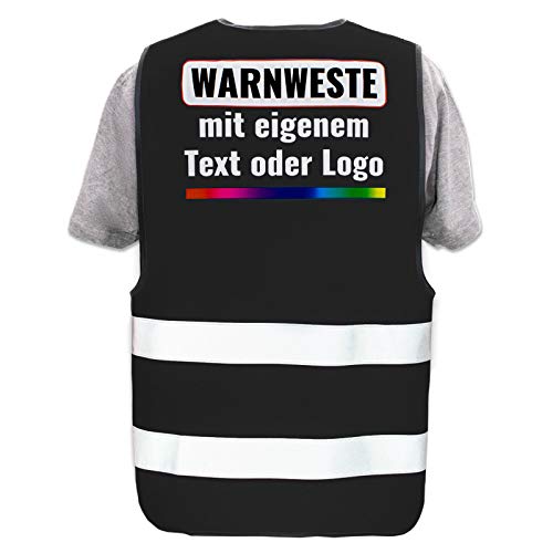 Warnweste selbst gestalten mit eigenem Aufdruck * Bedruckt mit Name Text Bild Logo Firma, Position & Druckart:Rücken/Premium-Druck, Farbe & Größe:Schwarz/Größe 3XL/4XL von PixiPrints.com