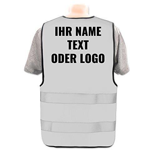 Warnweste selbst gestalten mit eigenem Aufdruck * Bedruckt mit Name Text Bild Logo Firma, Position & Druckart:Rücken/Standard-Druck, Farbe & Größe:Grau/Größe M/L von PixiPrints.com