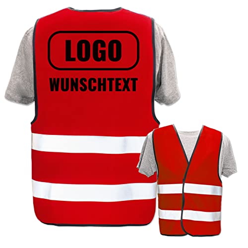 Warnweste selbst gestalten mit eigenem Aufdruck * Bedruckt mit Name Text Bild Logo Firma, Position & Druckart:Rücken/Standard-Druck, Farbe & Größe:Rot/Größe M/L von PixiPrints.com