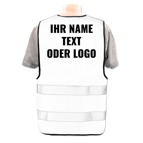 Warnweste selbst gestalten mit eigenem Aufdruck * Bedruckt mit Name Text Bild Logo Firma, Position & Druckart:Rücken/Standard-Druck, Farbe & Größe:Weiß/Größe M/L von PixiPrints.com