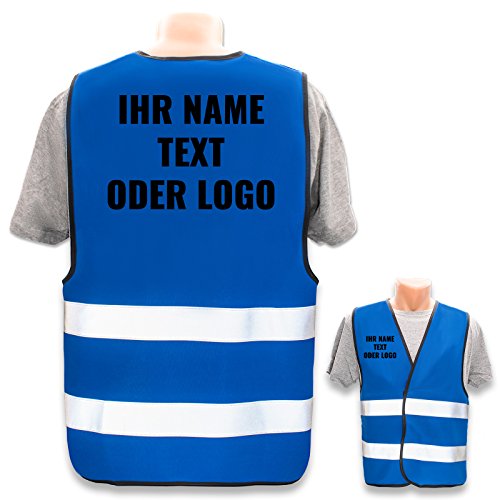 Warnweste selbst gestalten mit eigenem Aufdruck * Bedruckt mit Name Text Bild Logo Firma, Position & Druckart:Rücken + Front/Premium-Druck, Farbe & Größe:Blau/Größe 3XL/4XL von PixiPrints.com