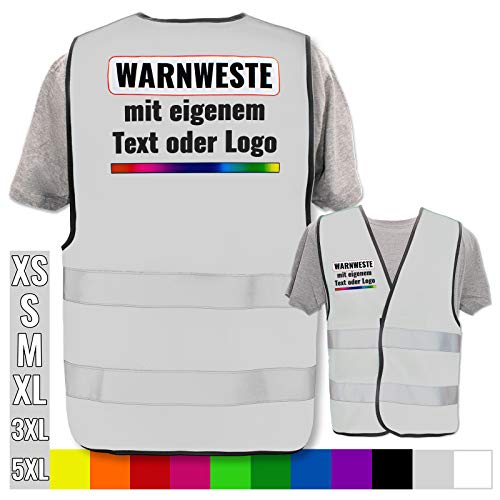 Warnweste selbst gestalten mit eigenem Aufdruck * Bedruckt mit Name Text Bild Logo Firma, Position & Druckart:Rücken + Front/Premium-Druck, Farbe & Größe:Grau/Größe 3XL/4XL von PixiPrints.com