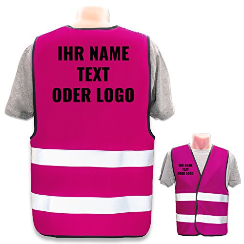 Warnweste selbst gestalten mit eigenem Aufdruck * Bedruckt mit Name Text Bild Logo Firma, Position & Druckart:Rücken + Front/Premium-Druck, Farbe & Größe:Pink/Größe 3XL/4XL von PixiPrints.com