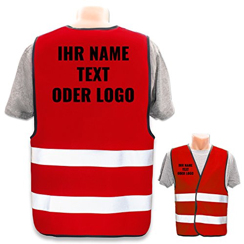 Warnweste selbst gestalten mit eigenem Aufdruck * Bedruckt mit Name Text Bild Logo Firma, Position & Druckart:Rücken + Front/Premium-Druck, Farbe & Größe:Rot/Größe 3XL/4XL von PixiPrints.com