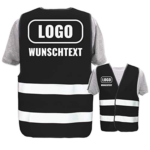 Warnweste selbst gestalten mit eigenem Aufdruck * Bedruckt mit Name Text Bild Logo Firma, Position & Druckart:Rücken + Front/Premium-Druck, Farbe & Größe:Schwarz/Größe XL/XXL von PixiPrints.com