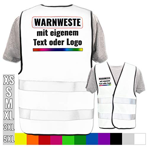 Warnweste selbst gestalten mit eigenem Aufdruck * Bedruckt mit Name Text Bild Logo Firma, Position & Druckart:Rücken + Front/Premium-Druck, Farbe & Größe:Weiß/Größe M/L von PixiPrints.com