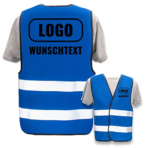 Warnweste selbst gestalten mit eigenem Aufdruck * Bedruckt mit Name Text Bild Logo Firma, Position & Druckart:Rücken + Front/Standard-Druck, Farbe & Größe:Blau/Größe M/L von PixiPrints.com