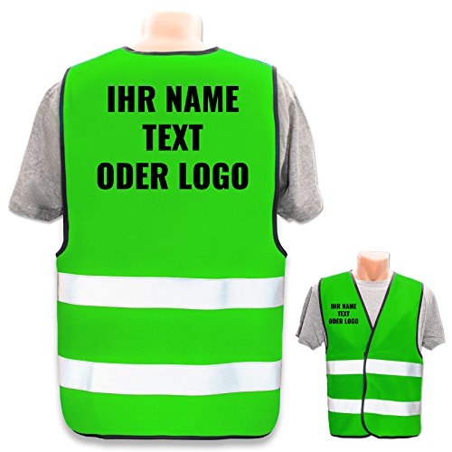 Warnweste selbst gestalten mit eigenem Aufdruck * Bedruckt mit Name Text Bild Logo Firma, Position & Druckart:Rücken + Front/Standard-Druck, Farbe & Größe:Neon Grün/Größe M/L von PixiPrints.com