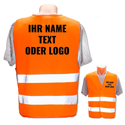 Warnweste selbst gestalten mit eigenem Aufdruck * Bedruckt mit Name Text Bild Logo Firma, Position & Druckart:Rücken + Front/Standard-Druck, Farbe & Größe:Orange/Größe 3XL/4XL von PixiPrints.com