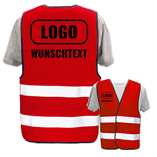 Warnweste selbst gestalten mit eigenem Aufdruck * Bedruckt mit Name Text Bild Logo Firma, Position & Druckart:Rücken + Front/Standard-Druck, Farbe & Größe:Rot/Größe M/L von PixiPrints.com