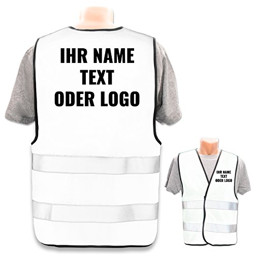 Warnweste selbst gestalten mit eigenem Aufdruck * Bedruckt mit Name Text Bild Logo Firma, Position & Druckart:Rücken + Front/Standard-Druck, Farbe & Größe:Weiß/Größe 3XL/4XL von PixiPrints.com