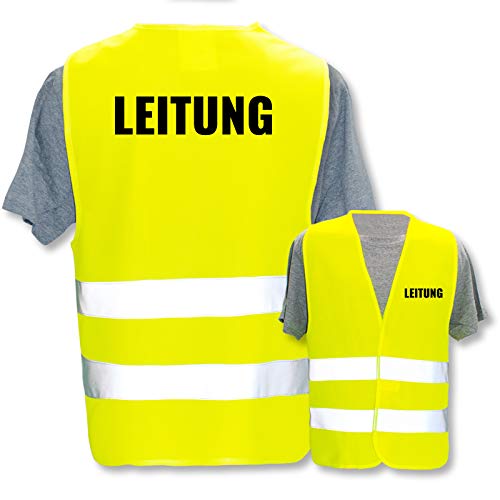 Bedruckte Marken-Warnwesten mit Leuchtstreifen * Standard- o. Reflex-Druck * Baugewerbe, Warnweste Begriffe Bau Gewerbe:Leitung, Farbe + Größe:Gelb (XL/XXL) von PixiPrints.com
