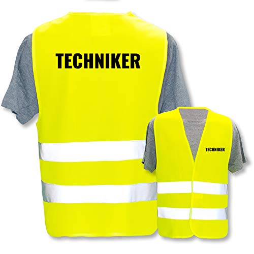 Bedruckte Marken-Warnwesten mit Leuchtstreifen * Standard- o. Reflex-Druck * Baugewerbe, Warnweste Begriffe Bau Gewerbe:Techniker, Farbe + Größe:Gelb (M/L) von PixiPrints.com