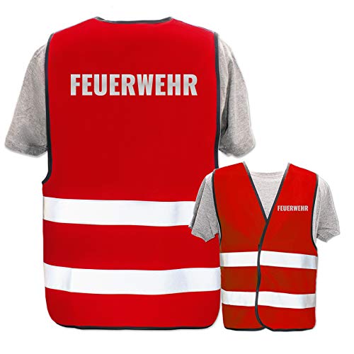 Bedruckte Marken-Warnwesten mit Leuchtstreifen * Standard- o. Reflex-Druck * Einsatzkräfte, Warnweste Begriffe Einsatzkräfte:Feuerwehr (Reflektierend), Farbe + Größe:Rot (3XL/4XL) von PixiPrints