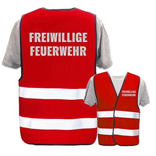 Bedruckte Marken-Warnwesten mit Leuchtstreifen * Standard- o. Reflex-Druck * Einsatzkräfte, Warnweste Begriffe Einsatzkräfte:Freiwillige Feuerwehr (Reflektierend), Farbe + Größe:Rot (M/L) von PixiPrints