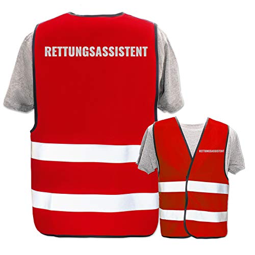 Bedruckte Marken-Warnwesten mit Leuchtstreifen * Standard- o. Reflex-Druck * Einsatzkräfte, Warnweste Begriffe Einsatzkräfte:Rettungsassistent (Reflektierend), Farbe + Größe:Rot (M/L) von PixiPrints