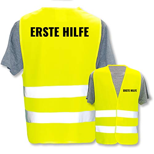 Bedruckte Warnwesten mit ISO-Leuchtstreifen * Standard- oder Reflex-Druck * Erste Hilfe und Brandschutz, Begriff:Erste Hilfe, Farbe + Größe:Gelb (M/L) von PixiPrints.com