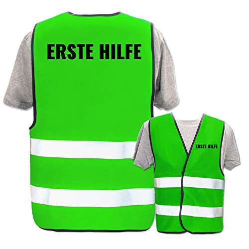 Bedruckte Warnwesten mit ISO-Leuchtstreifen * Standard- oder Reflex-Druck * Erste Hilfe und Brandschutz, Begriff:Erste Hilfe, Farbe + Größe:Neon Grün (3XL/4XL) von PixiPrints.com