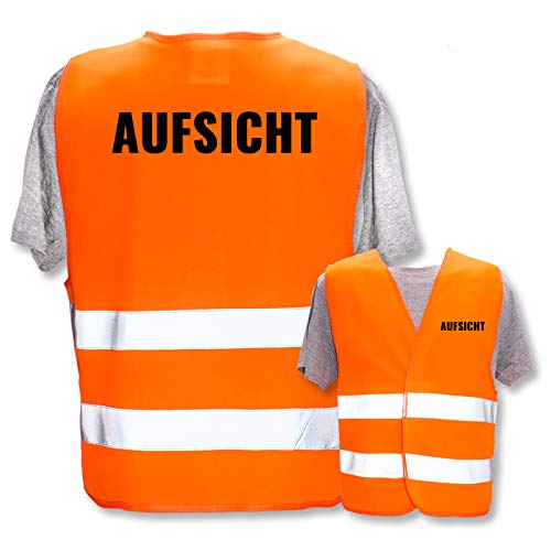 Bedruckte Warnwesten mit ISO-Leuchtstreifen * Standard- oder Reflex-Druck * Thema Kinder & Schule, Warnweste Begriffe Schule:Aufsicht, Farbe + Größe:Orange (M/L) von PixiPrints.com