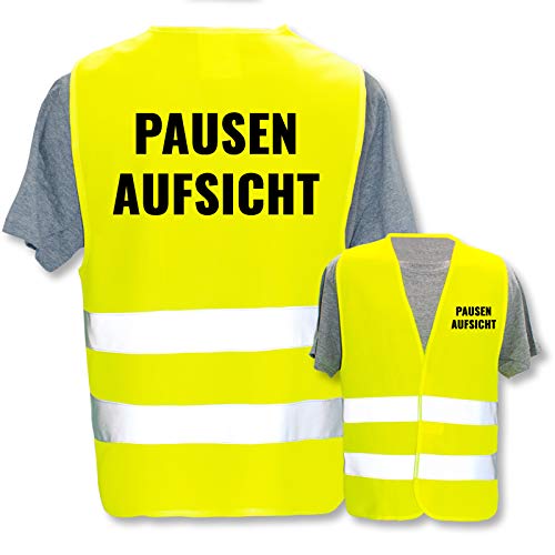 Bedruckte Warnwesten mit ISO-Leuchtstreifen * Standard- oder Reflex-Druck * Thema Kinder & Schule, Warnweste Begriffe Schule:Pausenaufsicht, Farbe + Größe:Gelb (XL/XXL) von PixiPrints