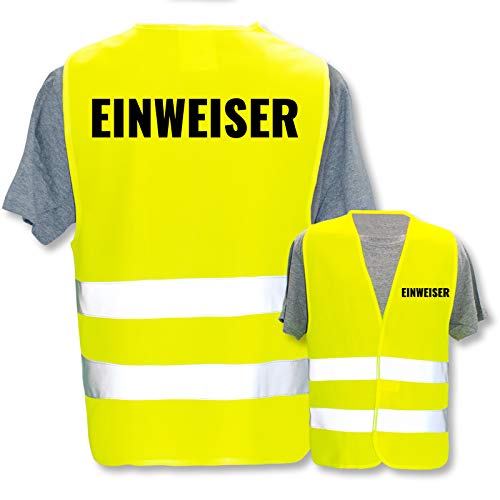 Hochwertige Warnweste mit Leuchtstreifen * Bedruckt mit: Einweiser * Farbe + Größe: Gelb (XL/XXL) * Thema Sicherheit und Team * Farbiger oder Reflektierender Druck von PixiPrints.com