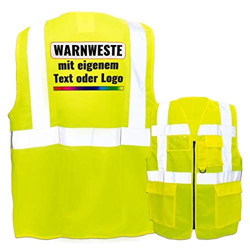 Warnweste mit Reißverschluss und Taschen * Druck auf Rücken/Premium-Druck * Farbe & Größe: Gelb/Größe L * Aufdruck selbst gestalten * Bedruckt mit Design Foto Text Logo von PixiPrints.com