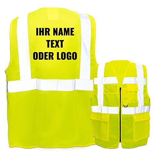 Warnweste mit Reißverschluss und Taschen * Druck auf Rücken/Standard-Druck * Farbe & Größe: Gelb/Größe S * Aufdruck selbst gestalten * Bedruckt mit Design Foto Text Logo von PixiPrints.com