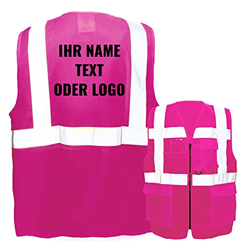 Warnweste mit Reißverschluss und Taschen * Druck auf Rücken/Standard-Druck * Farbe & Größe: Pink/Größe XXL * Aufdruck selbst gestalten * Bedruckt mit Design Foto Text Logo von PixiPrints.com