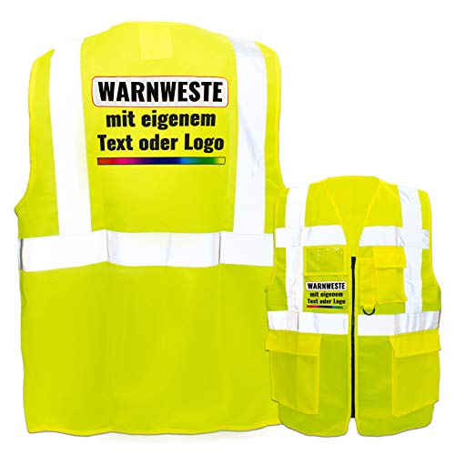 Warnweste mit Reißverschluss und Taschen * Druck auf Rücken + Front/Premium-Druck * Farbe & Größe: Gelb/Größe S * Aufdruck selbst gestalten * Bedruckt mit Design Foto Text Logo von PixiPrints.com