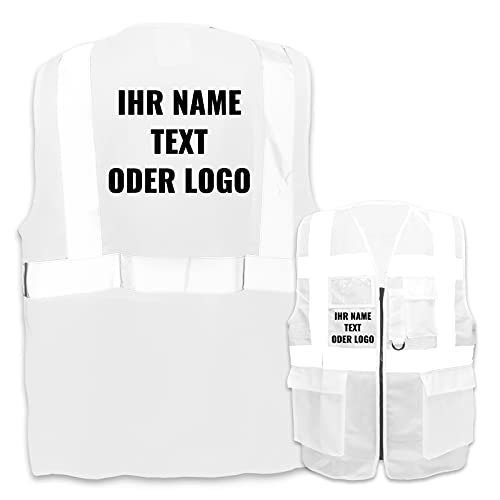 Warnweste mit Reißverschluss und Taschen * Druck auf Rücken + Front/Standard-Druck * Farbe & Größe: Weiß/Größe XL * Aufdruck selbst gestalten * Bedruckt mit Design Foto Text Logo von PixiPrints.com