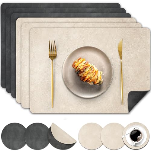 Pixieora Tischsets Abwaschbar und Untersetzer, Tischset Kunstleder Doppelseitigen rutschfest Platzsets in Lederoptik Platzdeckchen Telleruntersetzer (Grau Beige, 6) von Pixieora